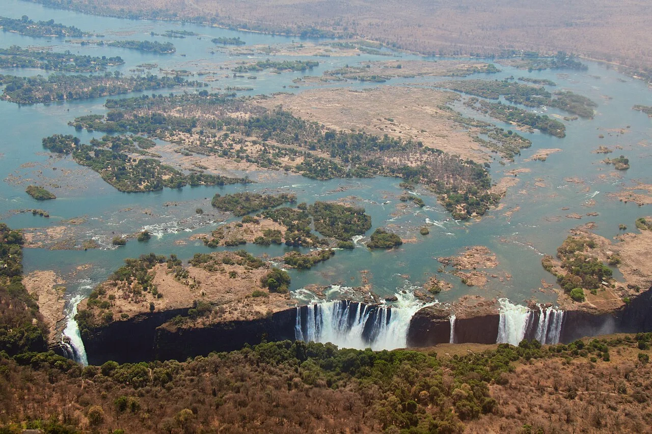 An aerial view of Victoria Falls and the Zambezi River